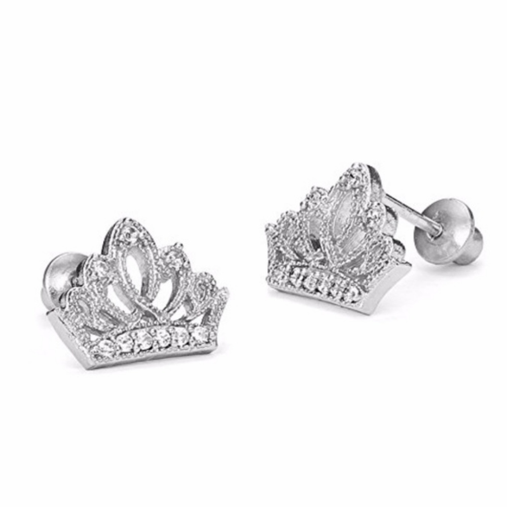14K Gold Plated Princess Crown Girls CZ Earrings